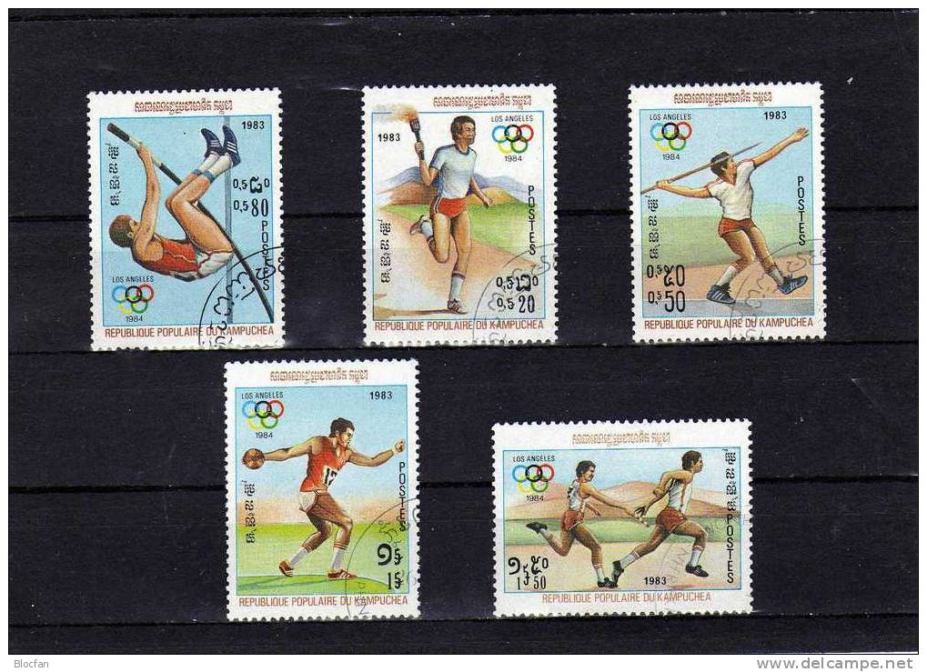 Olympia 1984 Los Angeles Kambodscha 454-8 Plus 4-Block O 5€ Speerwurf Diskuswurf Hochsprung Sport Sheet From Campuchea - Kampuchea