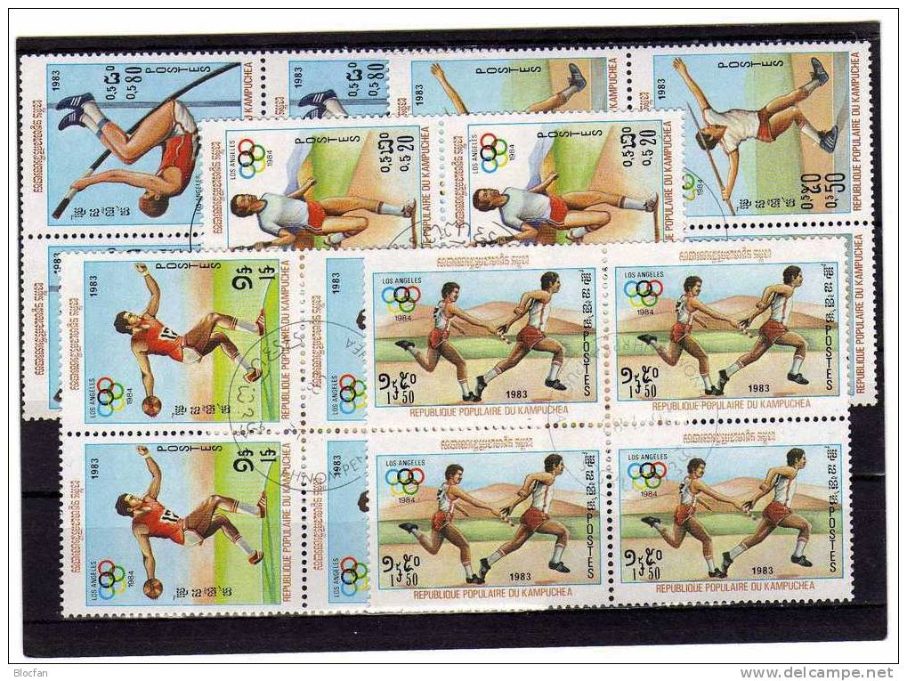 Olympia 1984 Los Angeles Kambodscha 454-8 Plus 4-Block O 5€ Speerwurf Diskuswurf Hochsprung Sport Sheet From Campuchea - Kampuchea