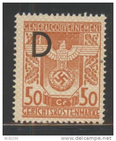 POLAND 1943 GENERAL GOUVERNMENT (WW2 3RD REICH OCCUPATION) GERICHTSKOSTEN (COURT REVENUE) 1943 50 GR PALE BROWN BF#15 - Revenue Stamps