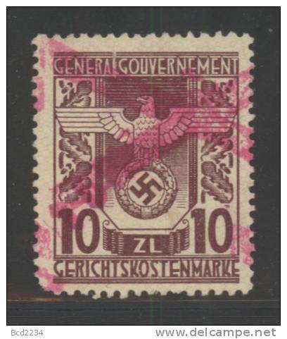 POLAND 1942 GENERAL GOUVERNMENT GG WW2 3RD REICH OCCUPATION GERICHTSKOSTEN (COURT REVENUE) 194210 ZL PURPLE-BROWN BF#14 - Revenue Stamps