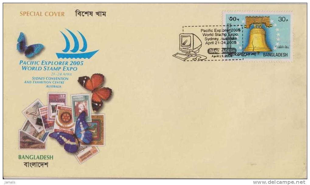 Pacific Explorer 2005, Australia, Stamps Exhibition, Computer, Liberty Bell, Butterfly, Special Cover, 2005, Bangladesh - Bangladesch