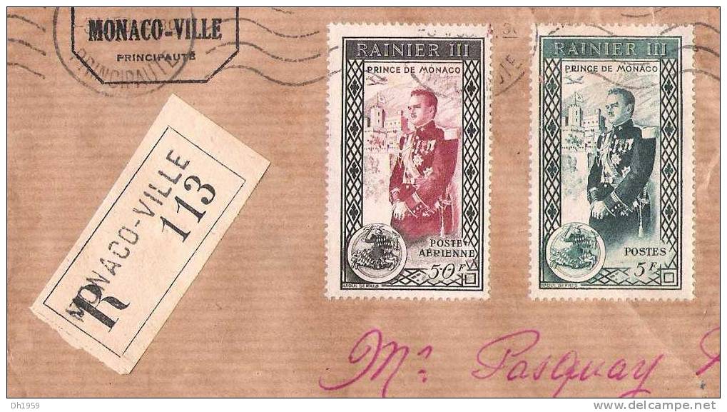 LETTRE RECOMMANDE REGISTERED MONACO VILLE 1950  PRINCE RAINIER III  POSTE AERIENNE POUR WASSELONNE ALSACE - Airmail