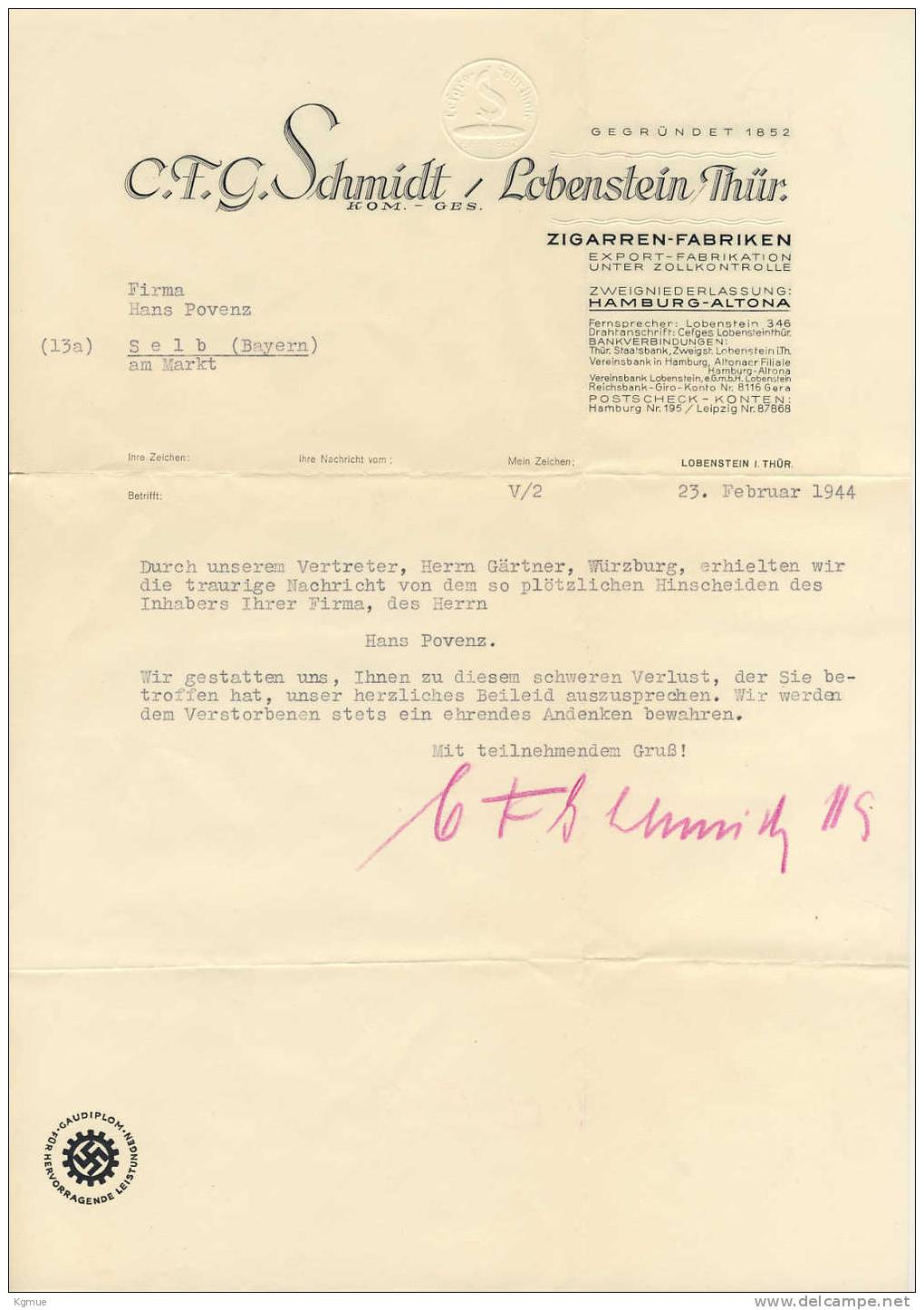 Briefpapier Und Briefumschlag Der C.F.G. Schmidt K.-G. Zigarrenfabrik Lobenstein Thüringen, Februar 1944 - Lobenstein
