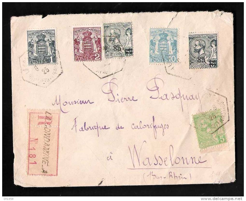 LETTRE RECOMMANDE REGISTERED LA CONDAMINE PRINCIPAUTE DE MONACO 1925  POUR WASSELONNE ALSACE - Marcophilie