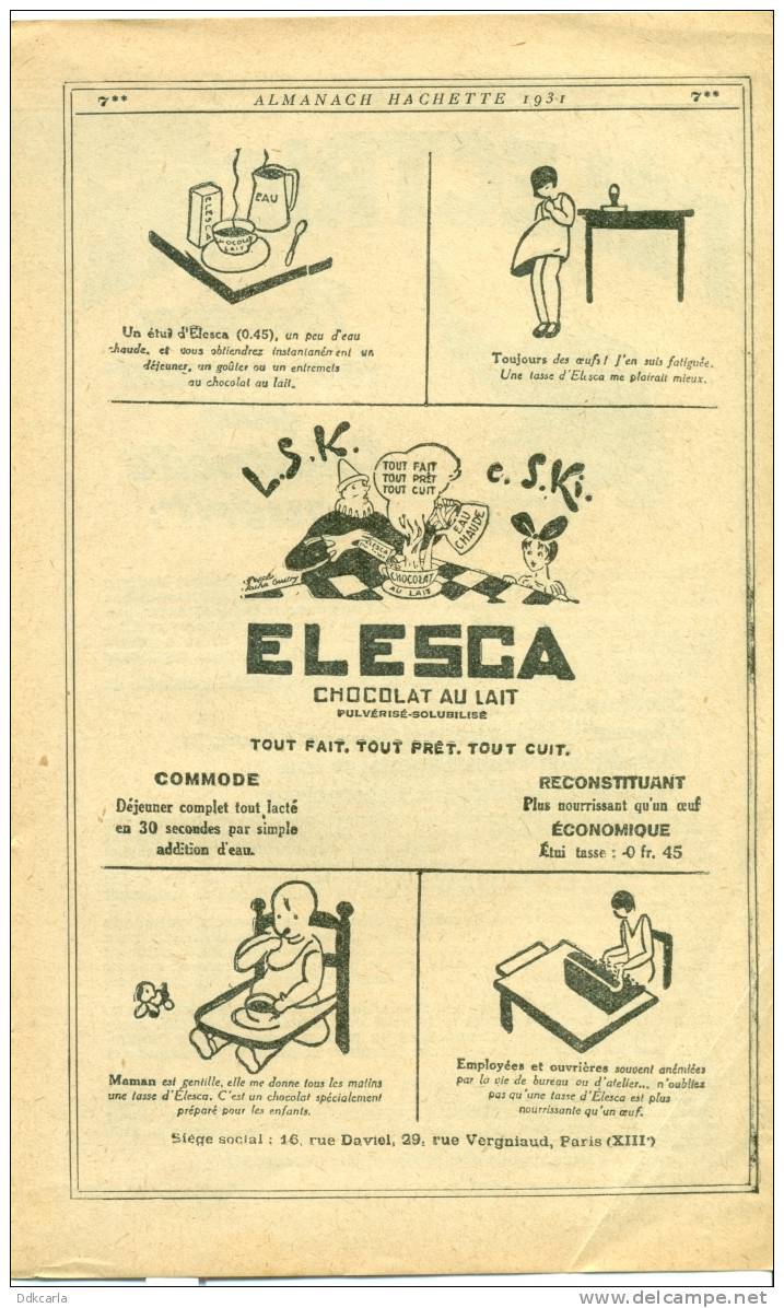 Reclame Uit Oude Almanach 1931 - Paris (XIIIe) - ELESCA - Chocolat Au Lait - Chocolate