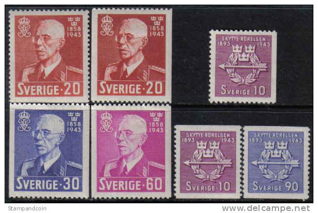 Sweden #338-44 XF Mint Hinged 2 Sets From 1943 - Nuevos