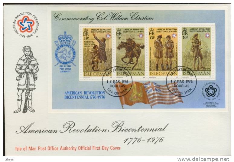 ISLE OF MAN 1976 FDC YV M/S, BLOCK 2 200yr AMERICAN REVOLUTION. BLANC. VERY FINE QUALITY. - Isola Di Man