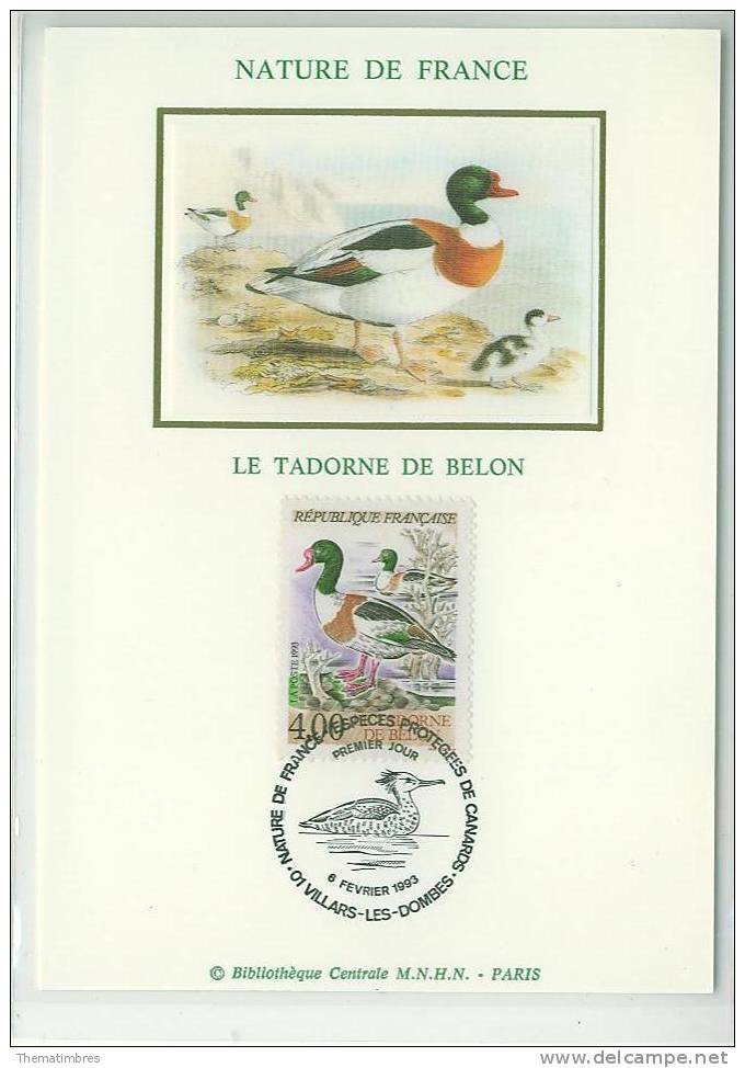 CM1321 Tadorne De Belon Canard VILLARS LES DOMBES 2787 France 1993 FDC Maximum - Entenvögel
