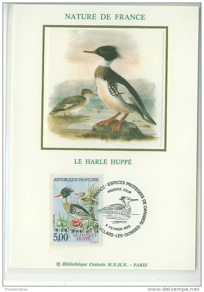 CM1322 Harle Huppé Canard VILLARS LES DOMBES 2788 France 1993 FDC Maximum - Eenden