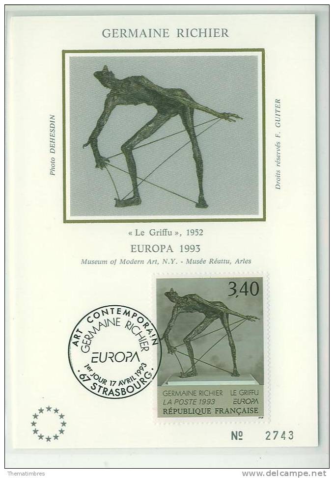 CM1329 Europa Germaine Richier Le Griffu STRASBOURG 2798 France 1993 FDC Maximum - 1993