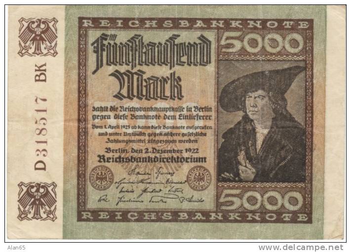Germany #81a 5000 Marks 1922 Fourth Issue Currency Banknote - 5.000 Mark
