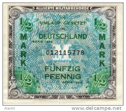 Germany #191a 1/2 Half Mark 1944 Allied Occupation Currency Banknote - 1/2 Mark