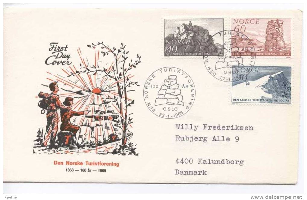 Norway FDC The Norwegean Tourist Association 100th Anniversary 22-1-1968 With Cachet And Sent To Denmark - FDC