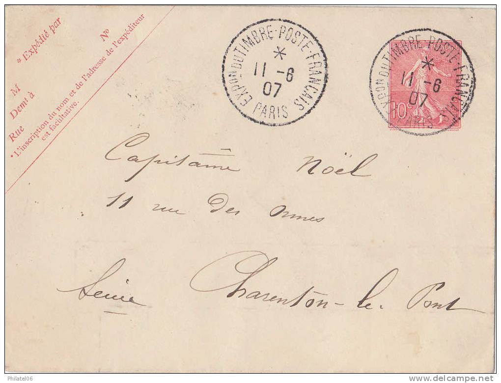 LETTRE ENTIER  EXPO TIMBRES 1907  CACHET D'ARRIVEE  INDICE 11 - Enveloppes Types Et TSC (avant 1995)