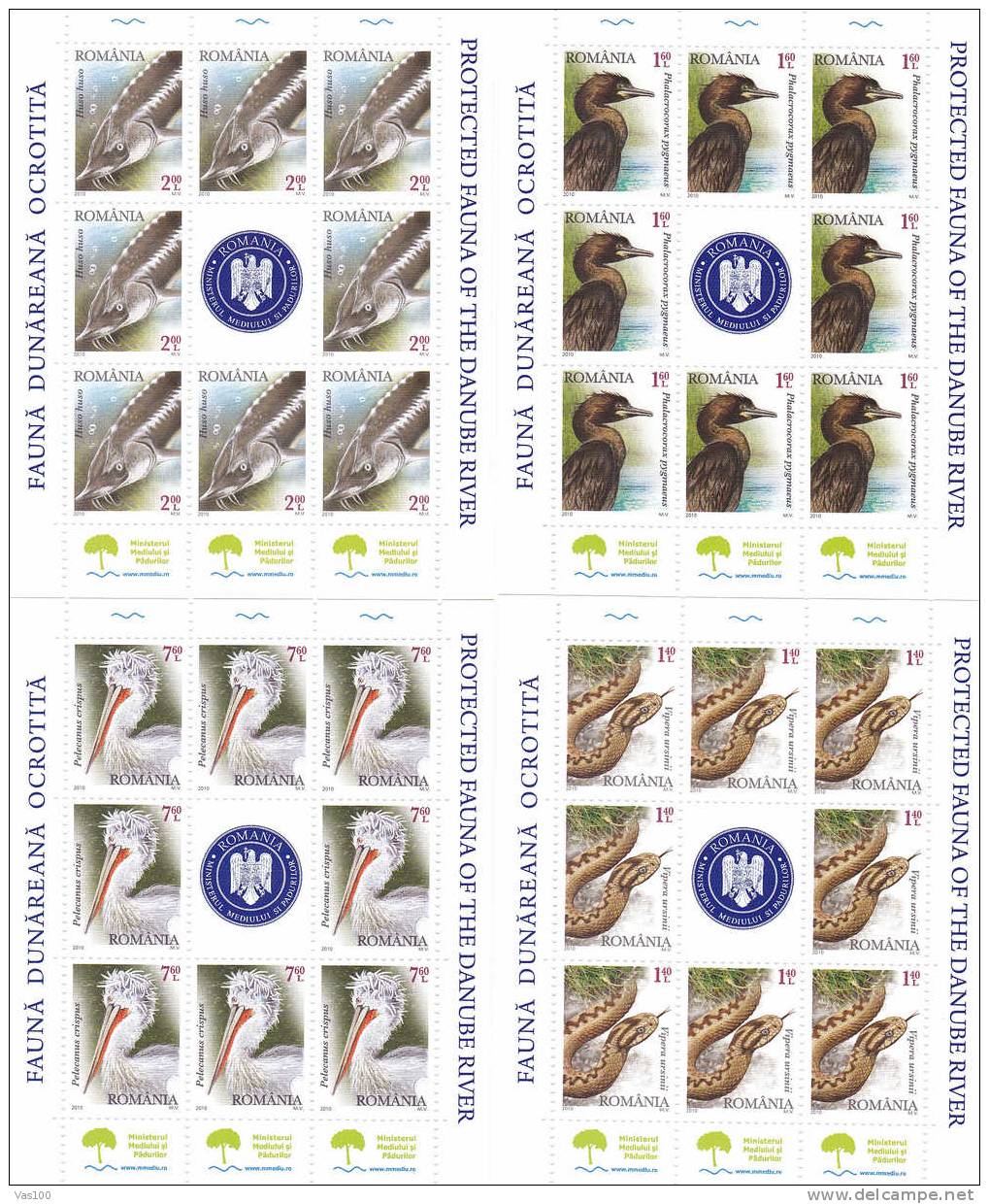 Protected Fauna Of The Danube River,birds Pelican,fish,snake,2010  MNH **minisheets - Romania. - Ganze Bögen