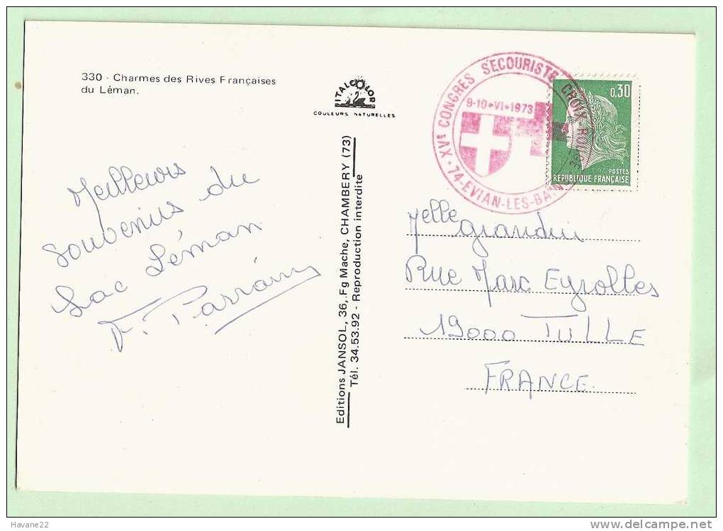 C503 AU DOS D'UNE CARTE LAC LEMAN CACHET XV CONGRES SECOURISTE CROIX ROUGE EVIAN 1973 2 SCANS - Croix Rouge