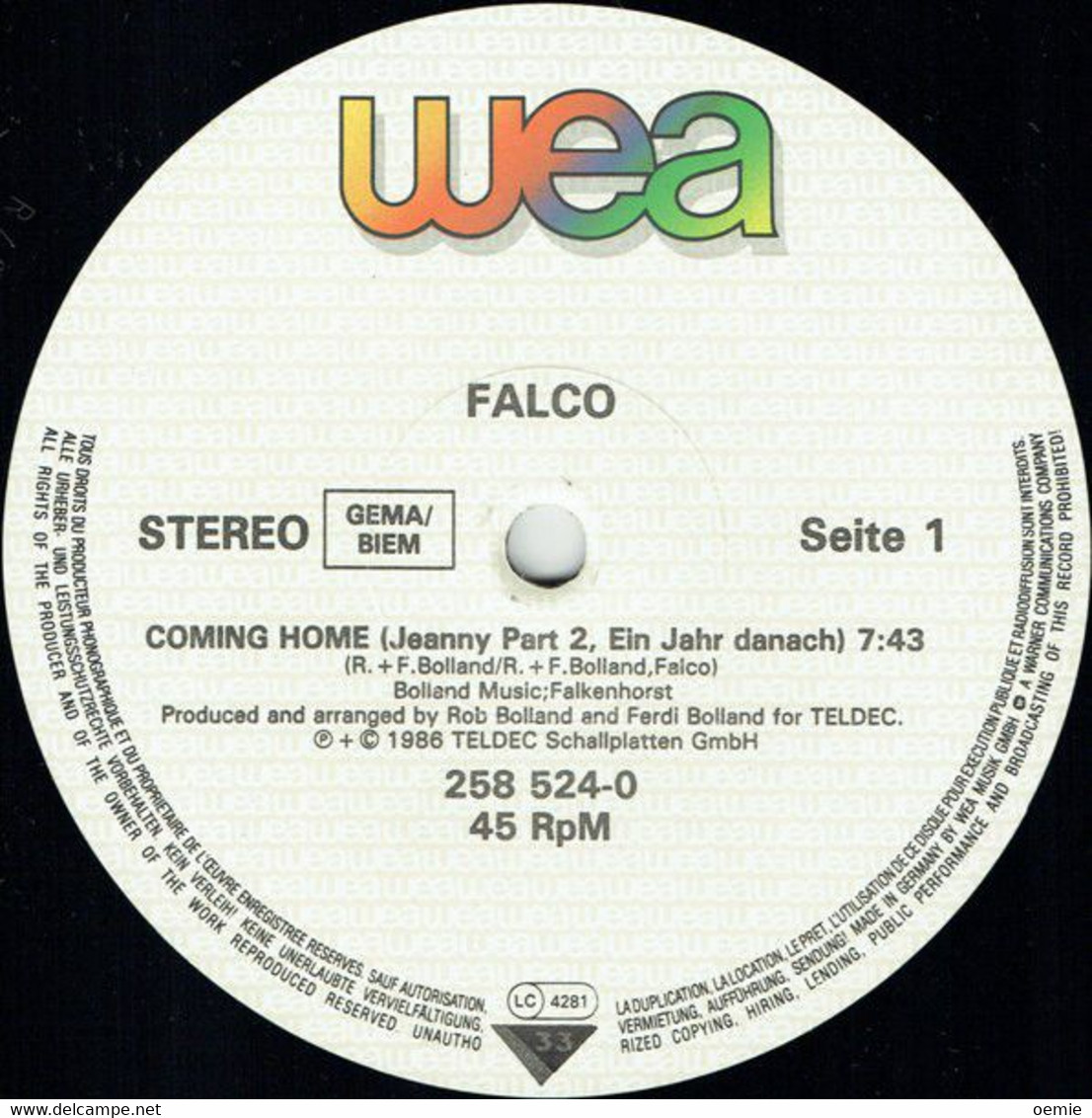 FALCO  °°  COMING  HOME  ( JEANNY PART 2 ) ONE YEAR LATER - 45 T - Maxi-Single