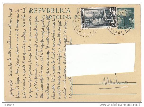 A0239 - Cartolina Postale 15£ Democratica + Affr. 5£ Lavoro  VG - 1946-60: Storia Postale