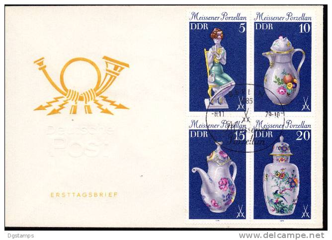 Alemania DDR 1979 FDC YT2127-30 Porcelanas: Miniatura, Vajilla. Rosas, Flores, Aves. - Porcelaine