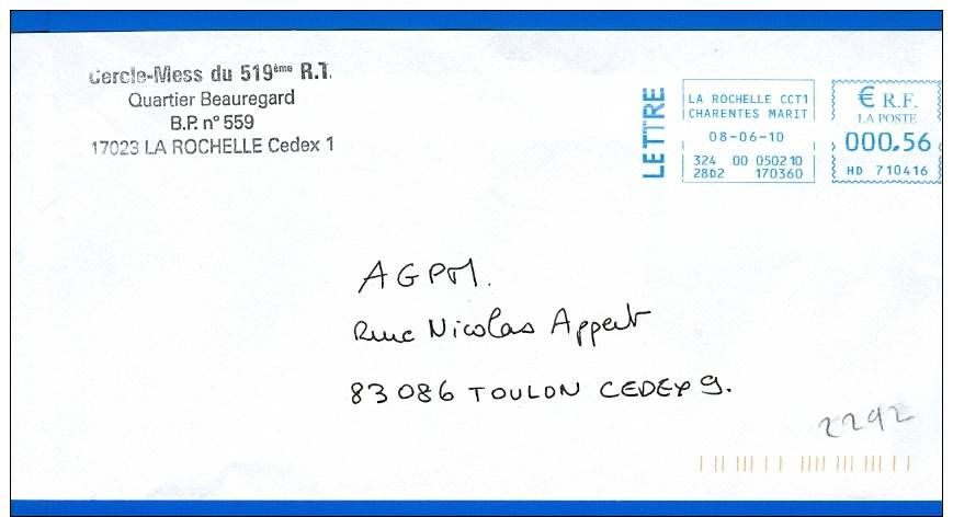 Armées - EMA 17 La Rochelle  CCT1 (2292) Cercle Mess Du 519ème RT - Militärstempel Ab 1900 (ausser Kriegszeiten)