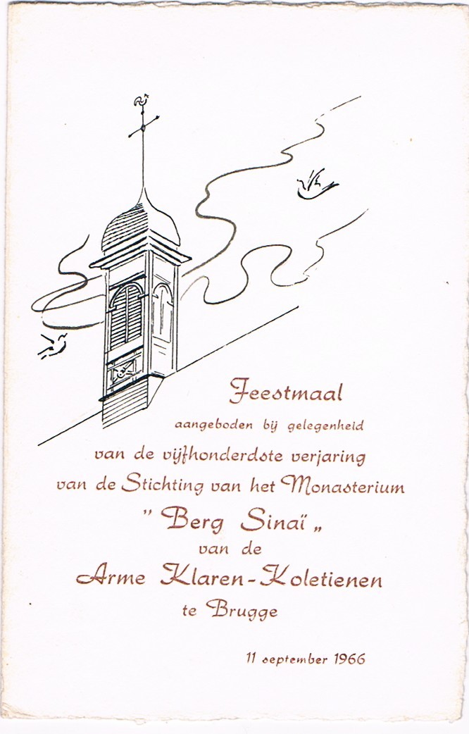 Menu Feestmaal 500 Jaar Berg Sunaï Arme Klaren - Koletienen Brugge 11 September 1966 - Menus