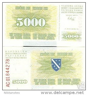 BOSNIA HERZEGOVINA 5000 DINARA 25.1.1993 UNC - Bosnie-Herzegovine