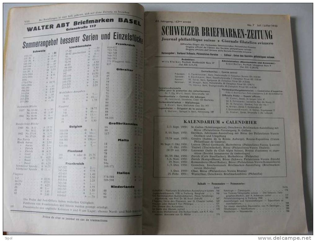 Schweizer Briekmarken Zeitung N°7  Bern Juli 1950- Journal Philatelique Suisse - Cataloghi