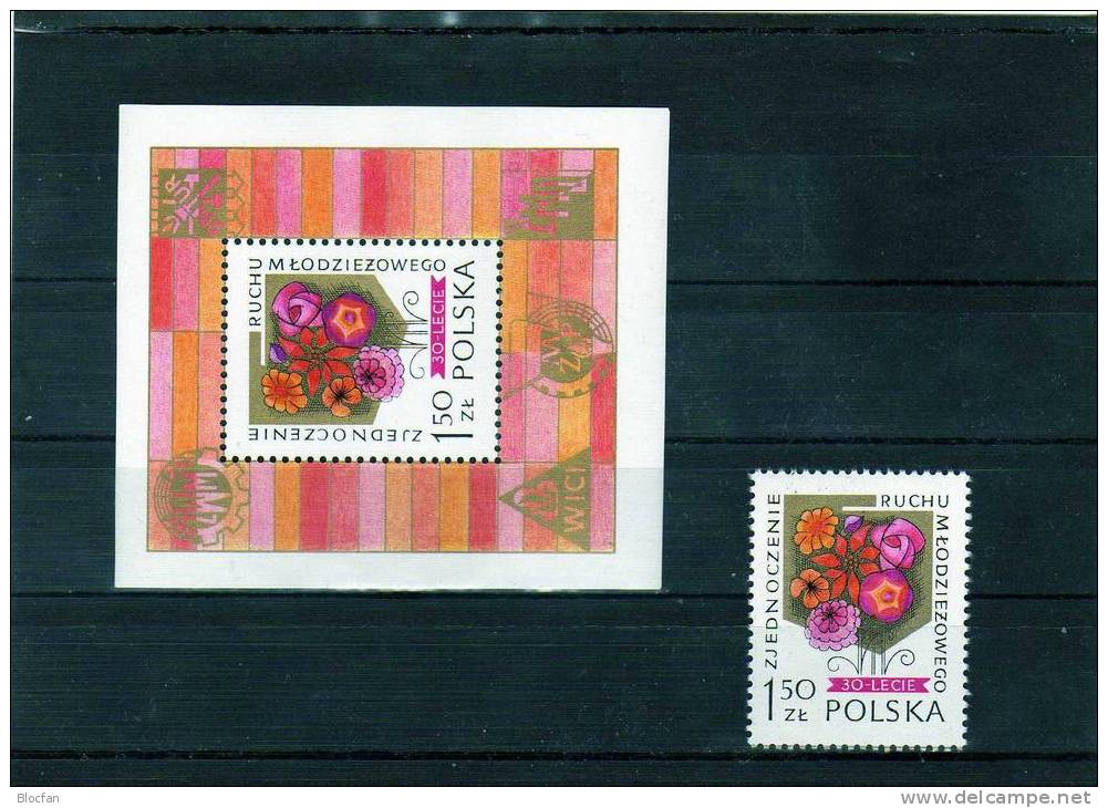 30 Jahre Jugend-Bewegung 1978 Blumenstrauß Polen 2566+Block 72 ** 1€ Blumen Bloque Hojas M/s Flower Bloc Sheet Bf Polska - Blocs & Hojas