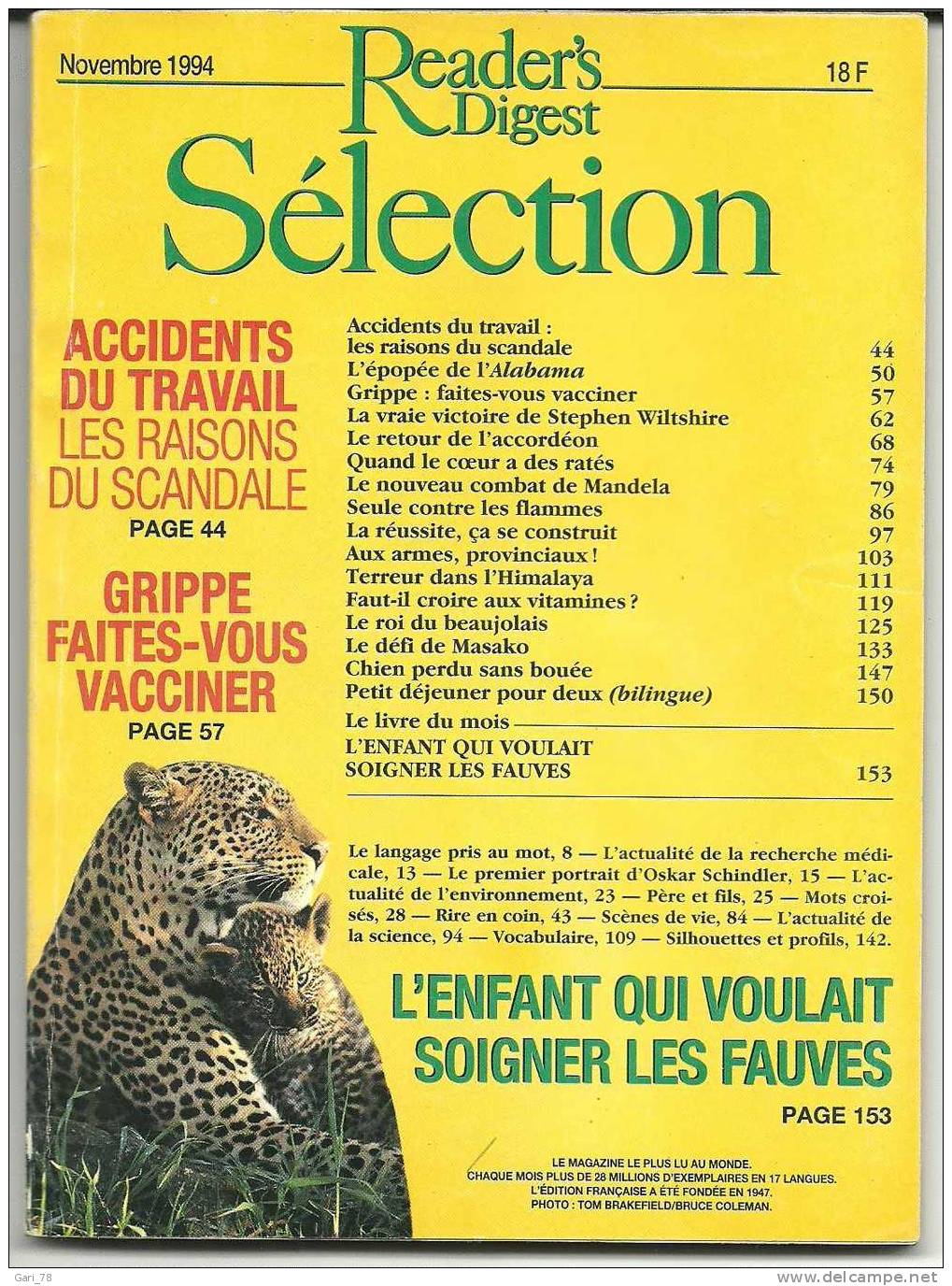 READER´S DIGEST Sélection - Novembre 1994 - ACCIDENTS DU TRAVAIL Etc - Other & Unclassified