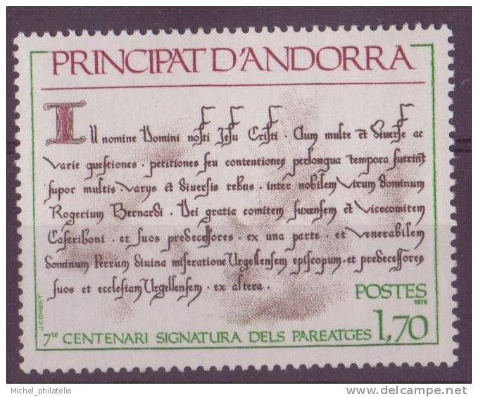 ANDORRE N° 273** NEUF SANS CHARNIERE  TEXTE DES PAREAGES - Unused Stamps