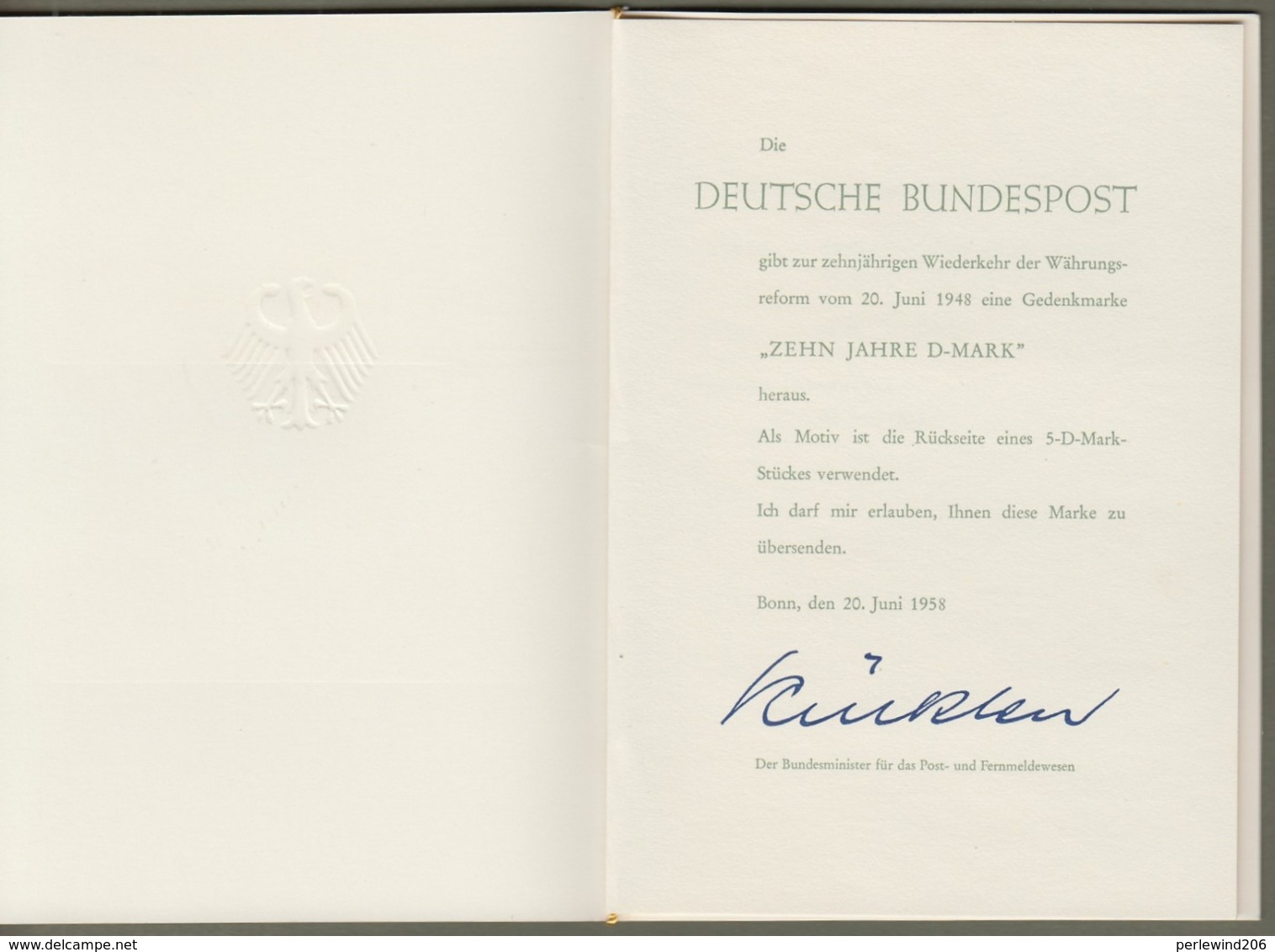 Bund: Minister Card - Ministerkarte Typ II, Mi-Nr. 291**: " 10 Jahre Deutsche Mark 1958 " ! Rarität ! - Briefe U. Dokumente