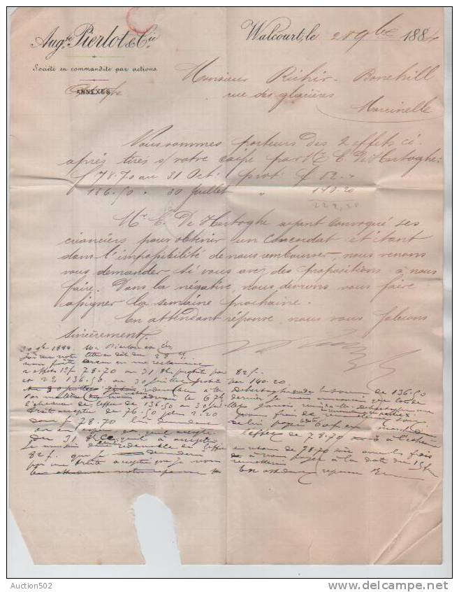 TP 38 S/L.commerciale De Auguste Pierlot&Cie C.Walcourt 28.11.1884 V.Marcinelle C.d'arrivée Charleroi 29.11.84 3854 - 1883 Leopold II