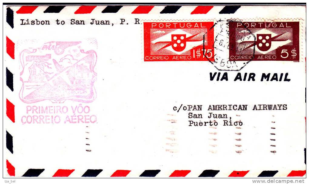 T Pa Yv.2-6 LISBOA 6 FEV 41 S/L.1er VOL LISBONNE à SAN Juan(Porto Rico).TB - Storia Postale