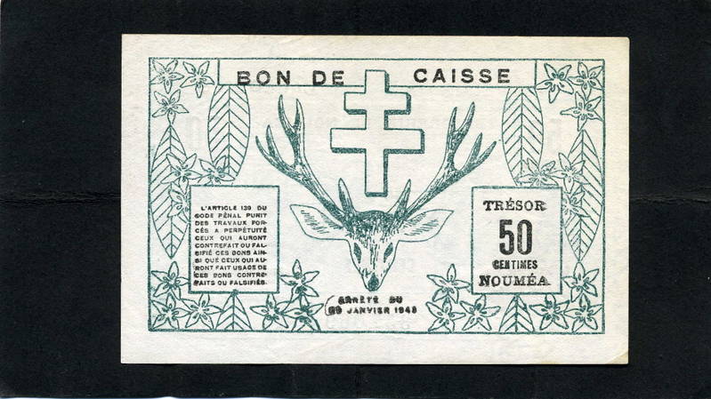 50 Centimes Vert-bleu Et Noir De Nouvelle Calédonie Du 29/03/1943 - Nouvelle-Calédonie 1873-1985