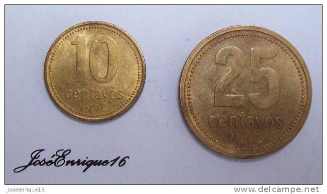 2 COINS - MONNAIE - CURRENCY, ARGENTINA, 1992, 10 CENTAVOS Y 25 CENTAVOS - Argentinië