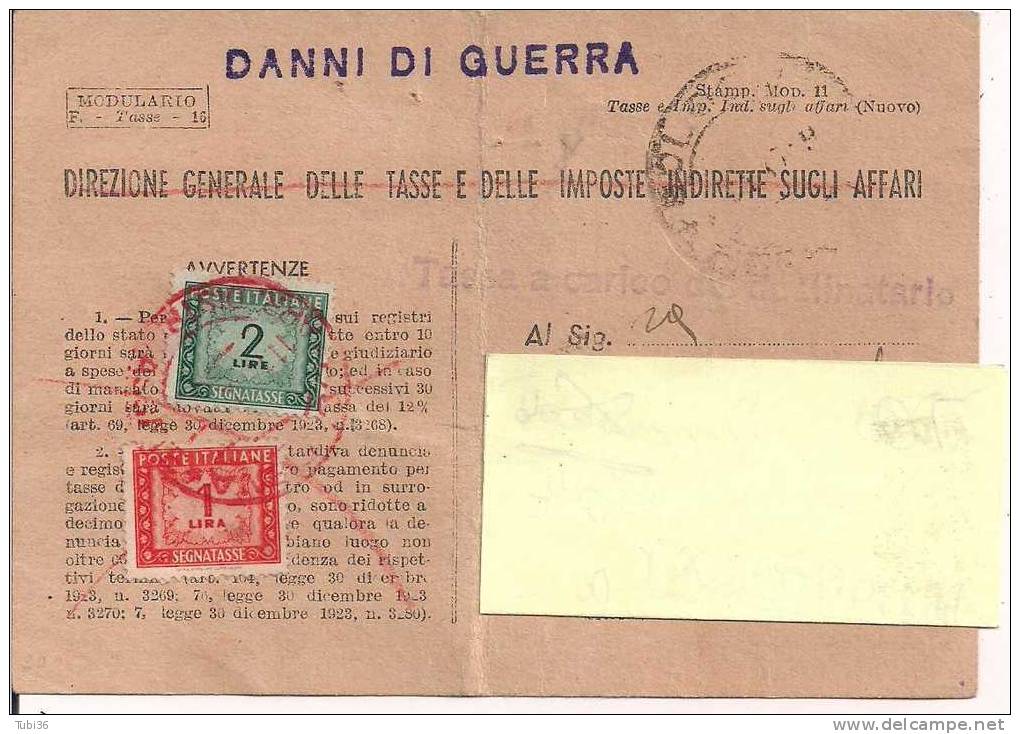 STORIA POSTALE - SEGNATASSE L. 1 + 2  SU CARTOLINA  TASSA A CARICO DESTINATARIO VIAGGIATA  1947 - TIMBRO ROSSO - Taxe