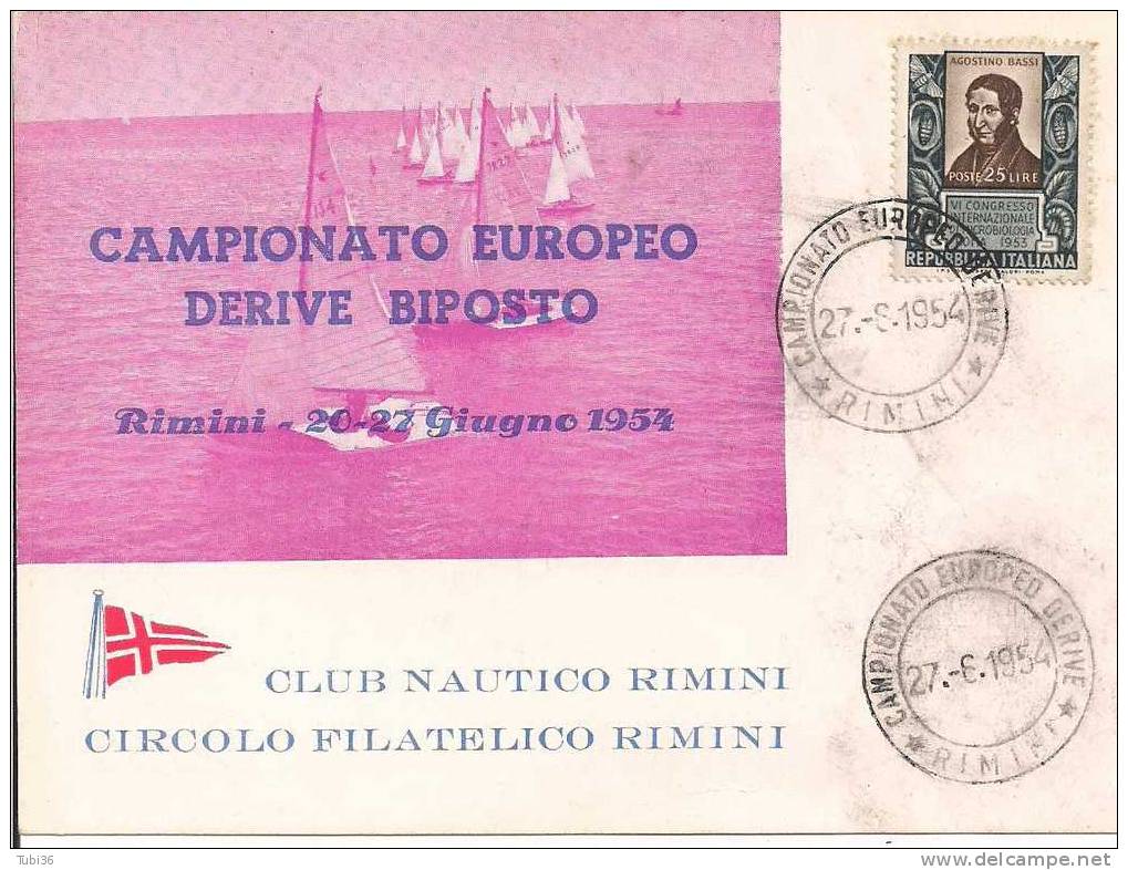 CAMPIONATO EUROPEO  DERIVE BIPOSTO - RIMINI  1954 -  CLUB NAUTICO RIMINI -  ANNULLO SPECIALE SU CARTOLINA DEDICATA - Segeln