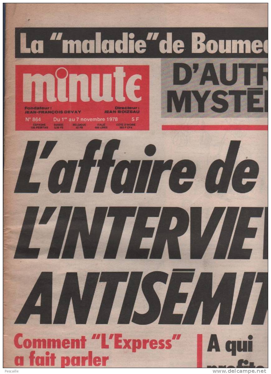 MINUTE 1 11 1978 - BOUMEDIENE - DARQUIER DE PELLEPOIX - GISCARD - GUIRINGAUD - HARAS - BOKASSA - AIX EN PROVENCE ... - Politics