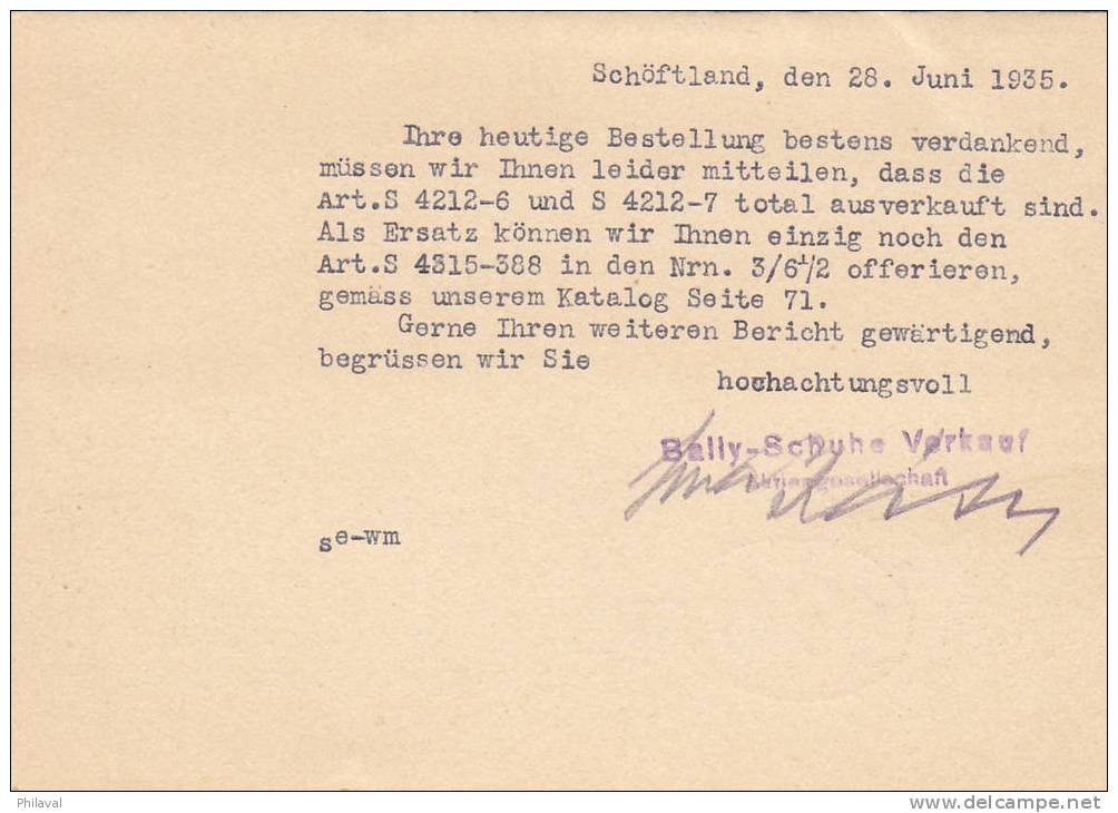 Entier Postal De La Firme Bally - Schuhe Verkauf, Oblitéré Le 28.VI.1935 à Schüftland - Ganzsachen
