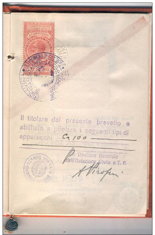 AVIAZIONE -BREVETTO 1° GRADO E LICENZA PILOTA DI VELIVOLO ALA LITTORIA-1937 - Aviazione