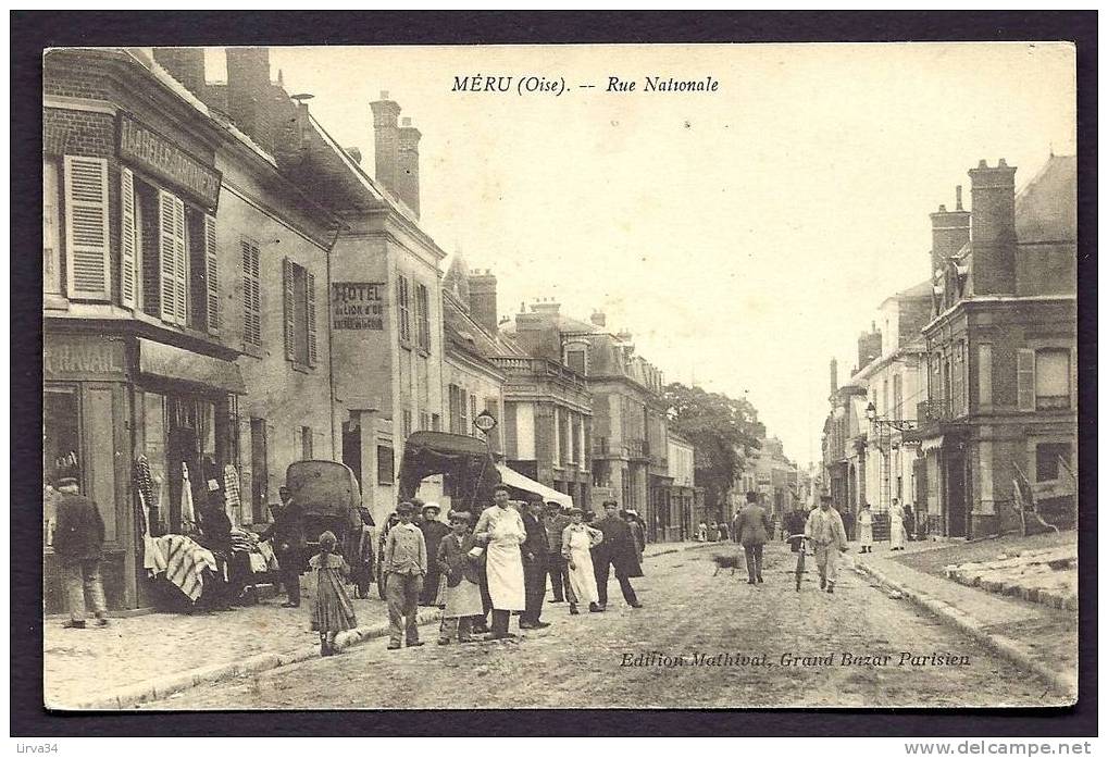 CPA  ANCIENNE- FRANCE- MERU (60)- LA RUE NATIONALE AVEC TRES BELLE ANIMATION- ETALAGE- COMMERCES- FIACRES- - Meru