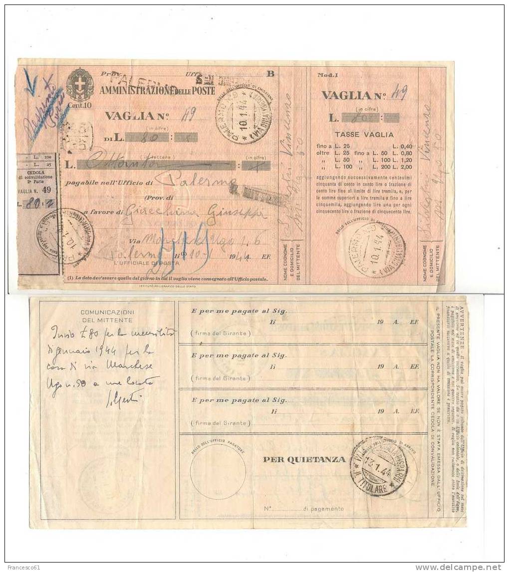 565$$$ AMGOT SICILIA ALLYED Vaglia Postale 10cent Regno Eemsso A Palermo 10-1-1944 - Occ. Anglo-américaine: Sicile