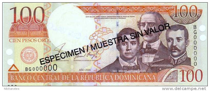 DOMINICAN REPUBLIC 100 PESOS 2001 P 171 S SPECIMEN UNC - Dominicaanse Republiek