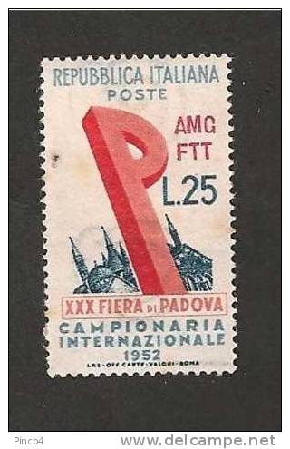 FIERA DI PADOVA 25 LIRE 1952 NUOVO GOMMA ORIGINALE NO LINGUELLA - Nuovi