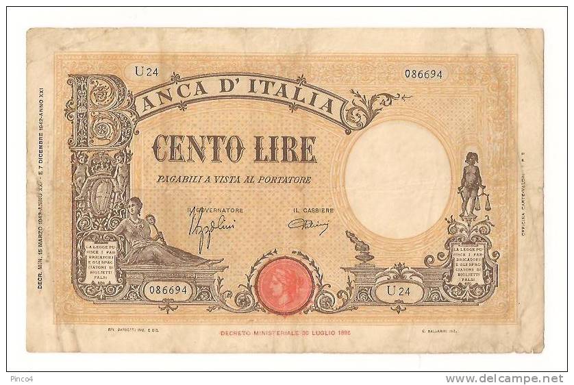 100 LIRE BARBETTI TESTINA FASCIO 15/03/1943 - 100 Lire