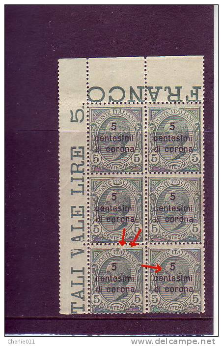 VITTORIO EMANUELE III-5 C-OVPRINT CENTESIMI-BLOCK OF SIX-DALMATIA-OCCUPATION-ERROR-RARE-YUGOSLAVIA-ITALY-1919 - Dalmatia