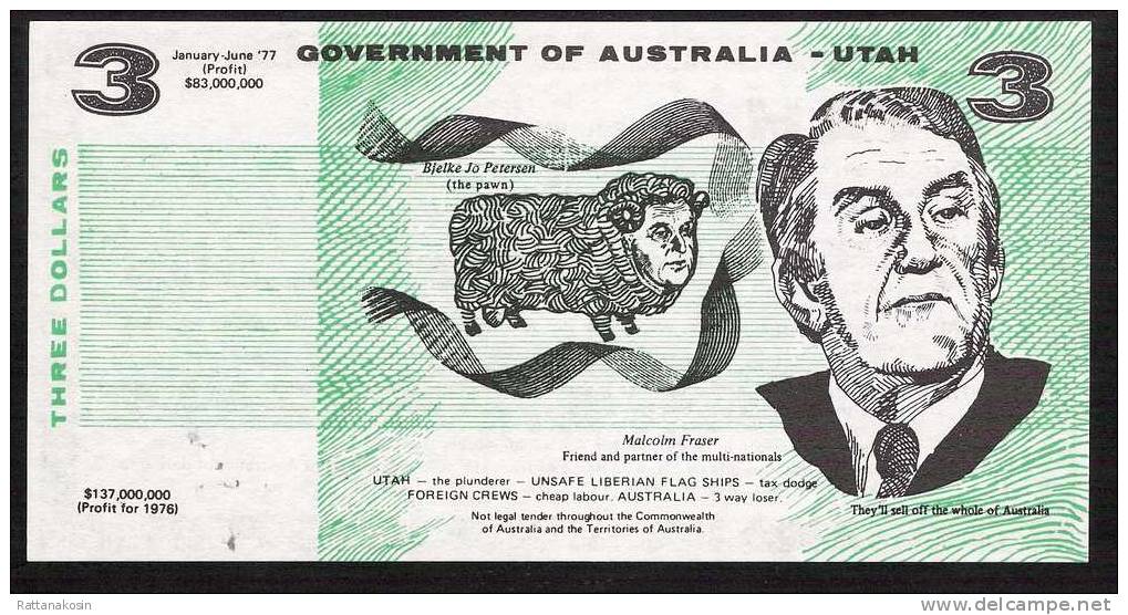 AUSTRALIA NLP 3  DOLLARS  1977  * POLITICAL NOTE *  UNC. - Autres & Non Classés