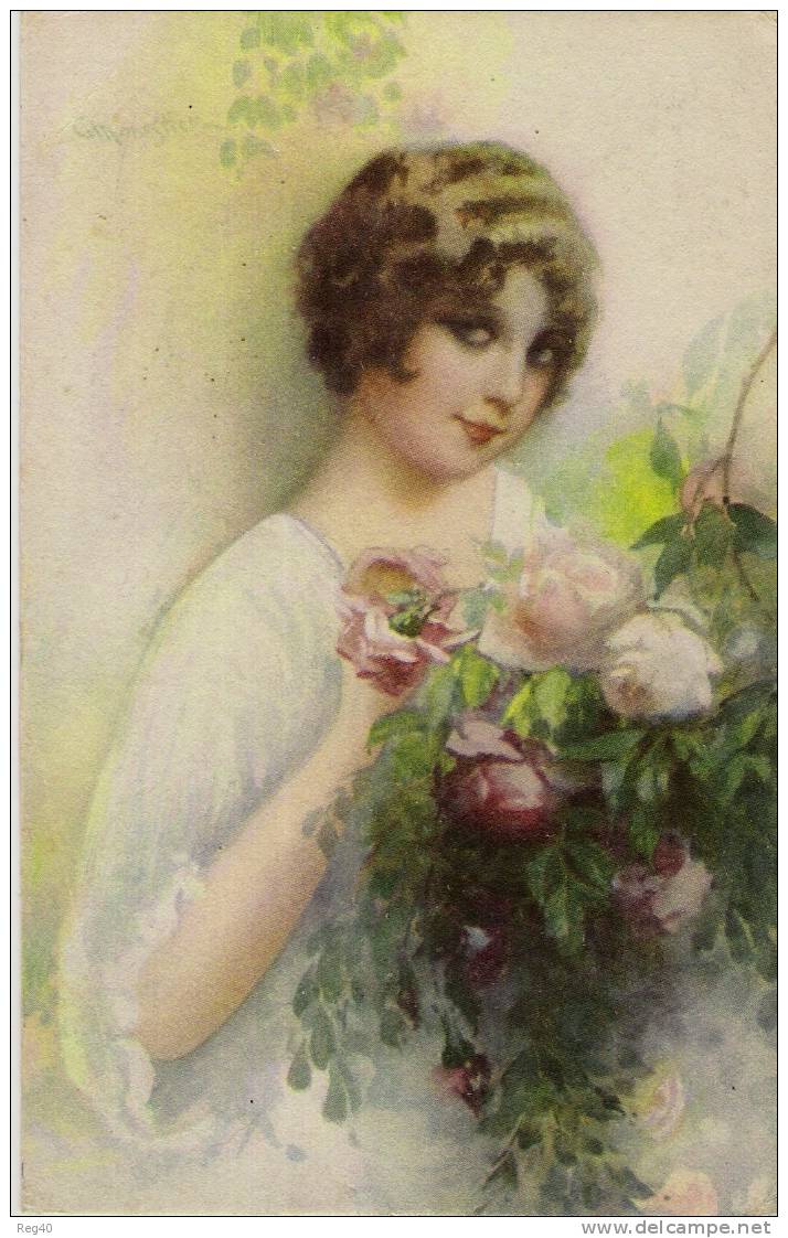 ILLUST.  C.  MONESTIER  - Belle Jeune Femme + Bouquet De Fleurs  ROSES - Monestier, C.