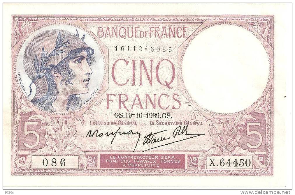 BILLET DE 5,00 Frs De 1939 - 5 F 1917-1940 ''Violet''