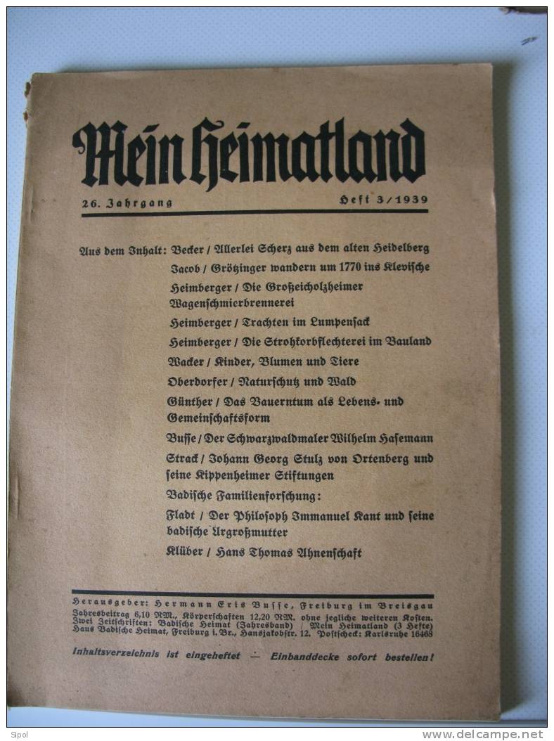 Mein Heimatland 26Jahrgang -heft 3/1939 Badische Blätter Für Volkskunde ,heimatund Naturschutz, Denkmalpflege, Familien - Sonstige & Ohne Zuordnung
